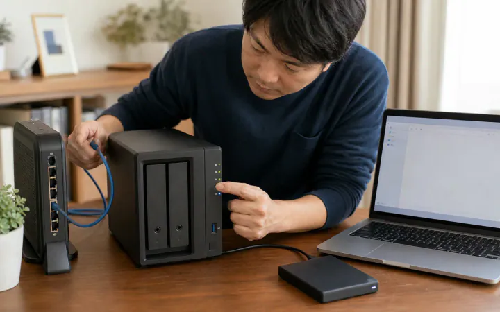 NASにアクセスできない｜同じWi-Fi、権限、SMBの確認順を表す診断イメージ