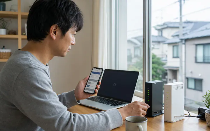 回線障害か自宅の問題かの見分け方｜公式情報・有線・ランプで切り分けを表す診断イメージ
