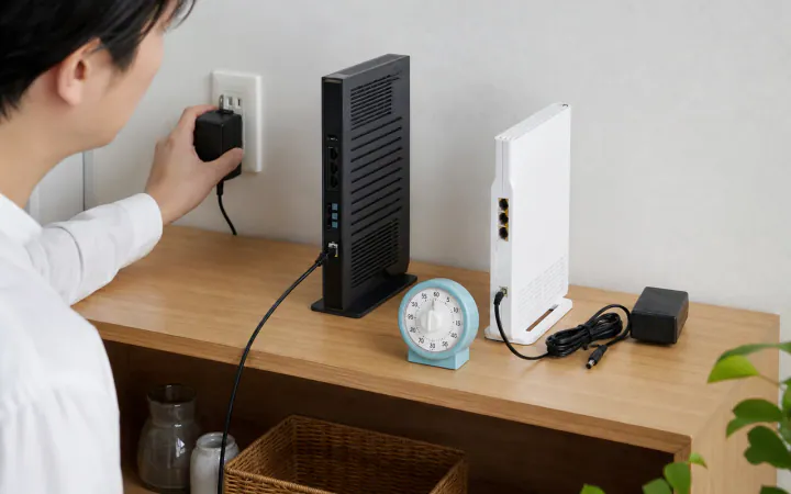 ルーターとONUの再起動順|電源を切る順番、入れる順番、待ち時間を表す診断イメージ