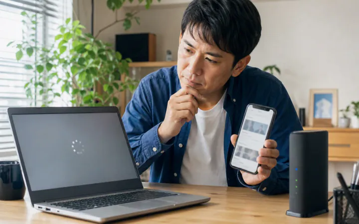 1台だけWi-Fiが遅い原因は？端末側の切り分け手順を表す診断イメージ
