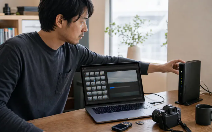 上り速度だけ遅い原因は?アップロード・会議・配信の切り分け方を表す診断イメージ