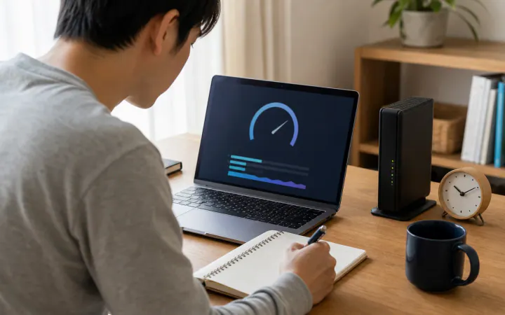 インターネット速度測定の見方｜下り・上り・Ping・Jitter・ロスを判断を表す診断イメージ