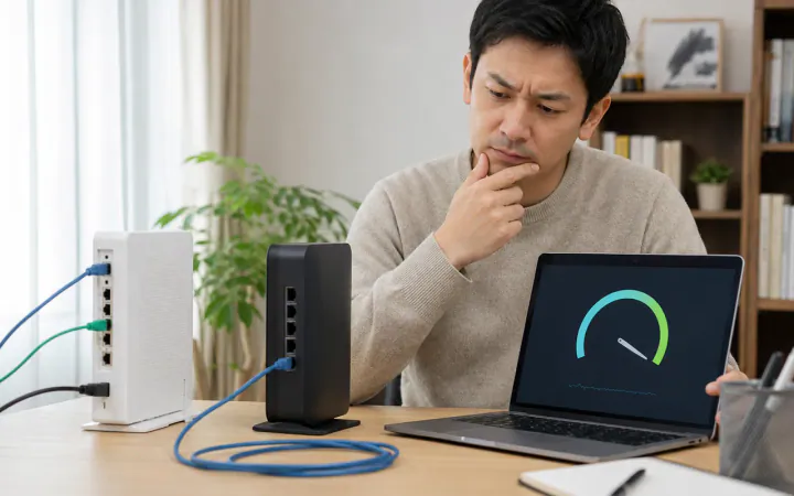 10ギガ光で1Gbpsしか出ない原因|ポート・LAN配線の確認方法のイラスト