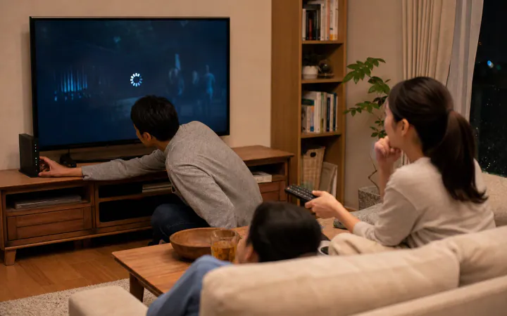 動画が止まる・読み込みが遅い原因｜回線・端末・配信側の見分け方を表す診断イメージ