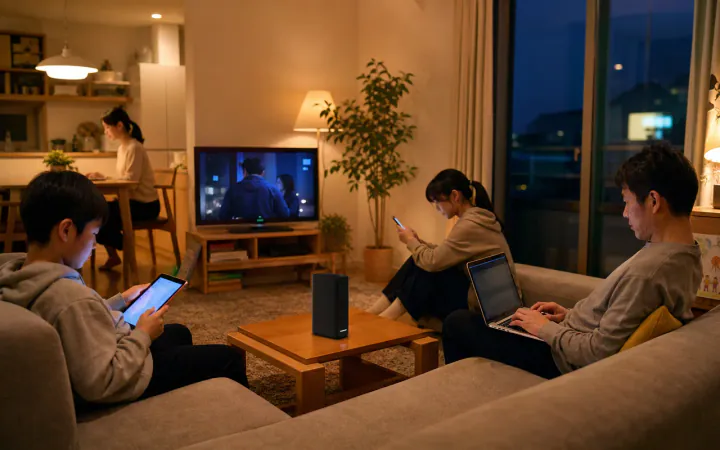 夜だけWi-Fiが遅い原因は？家庭内と回線混雑の見分け方を表す診断イメージ