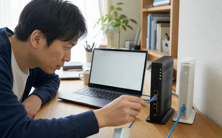 LANケーブルでインターネットにつながらないときの診断｜リンク・IP・回線を確認を表す診断イメージ