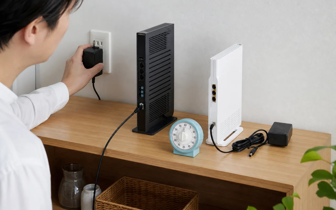 ルーターとONUを再起動する正しい順番と待ち時間を表す診断イメージ