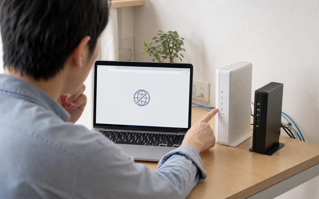Wi-Fiにはつながるのにインターネットが使えない原因と直し方を表す診断イメージ