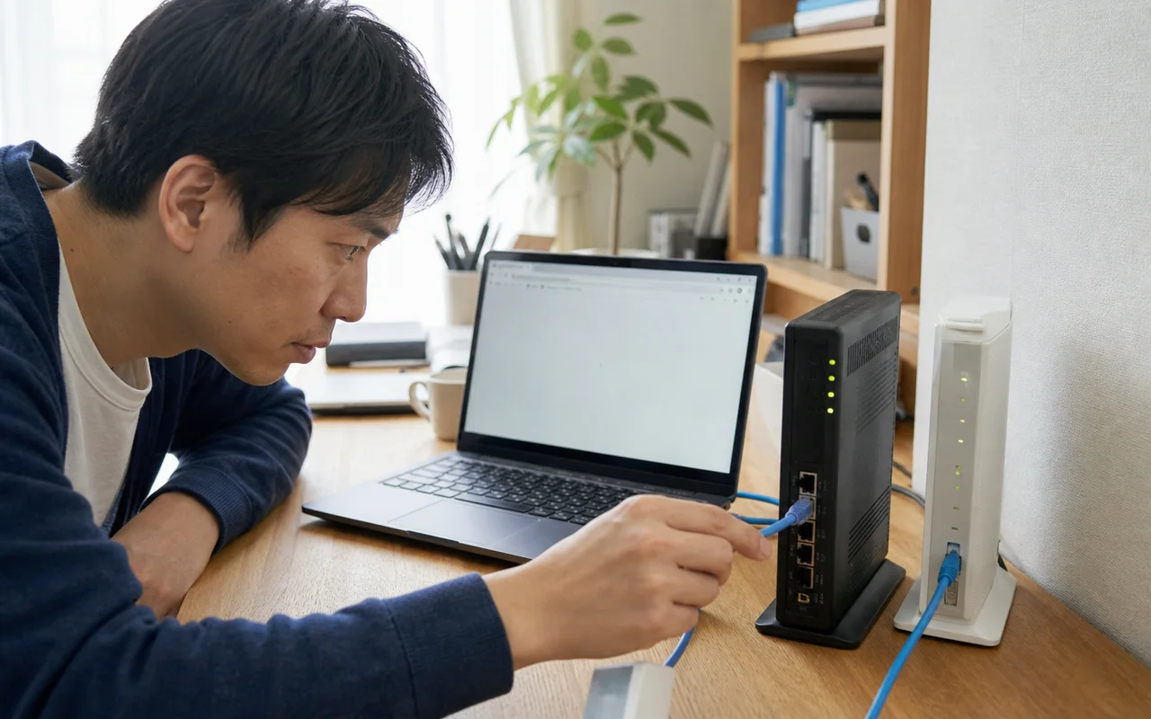 LANケーブルを挿しているのにインターネットにつながらない原因を表す診断イメージ